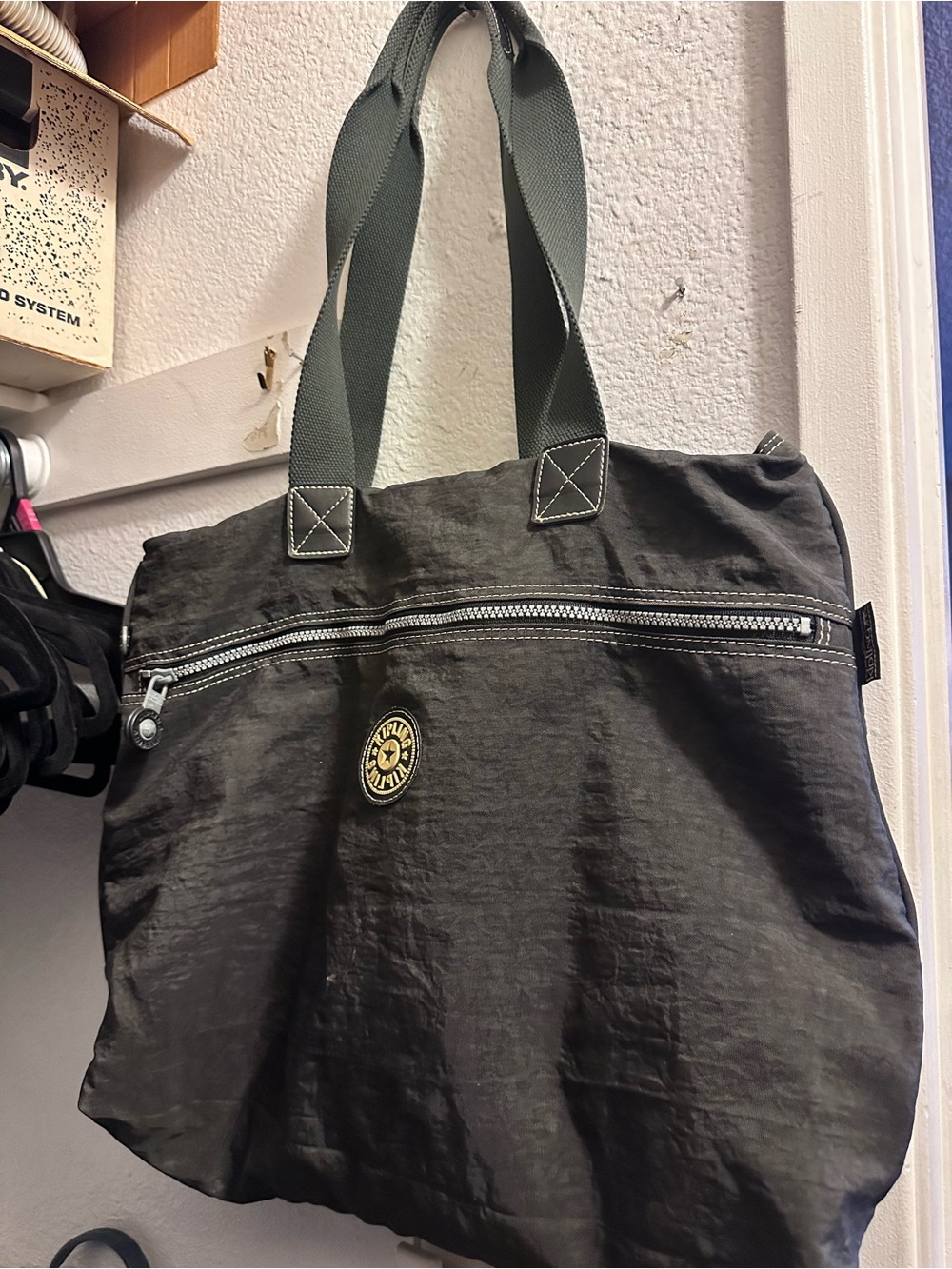Kipling Black Canvas Tote with Front Zip Details